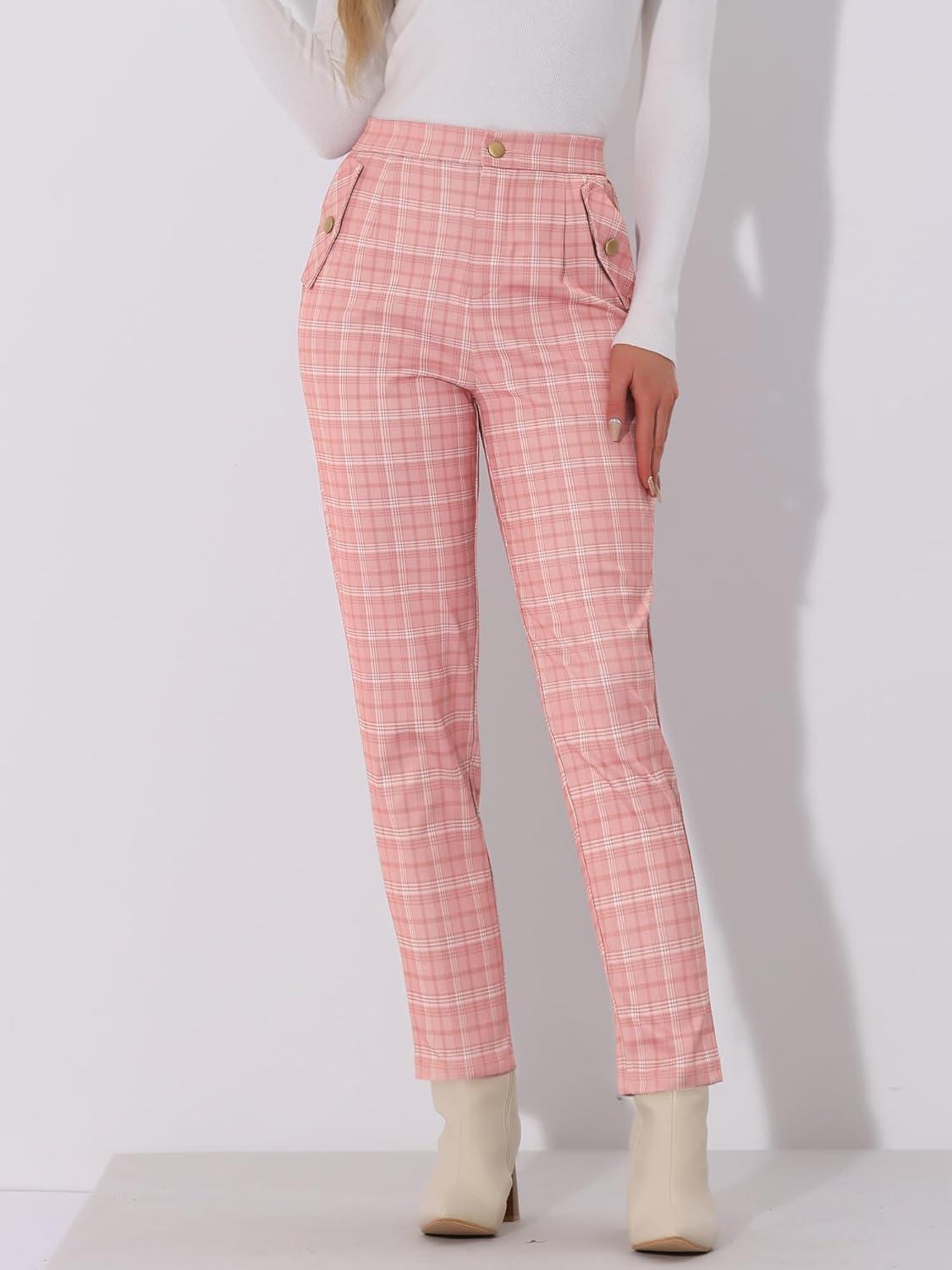 imageAllegra K Womens Vintage Tartan Plaid Pants Elastic Waist Straight Long TrousersPink