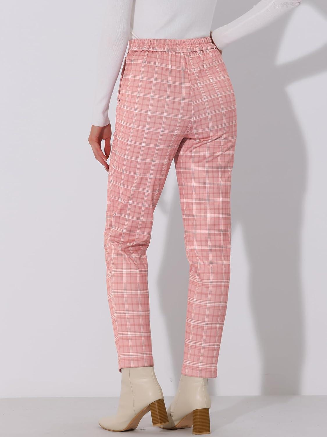imageAllegra K Womens Vintage Tartan Plaid Pants Elastic Waist Straight Long TrousersPink