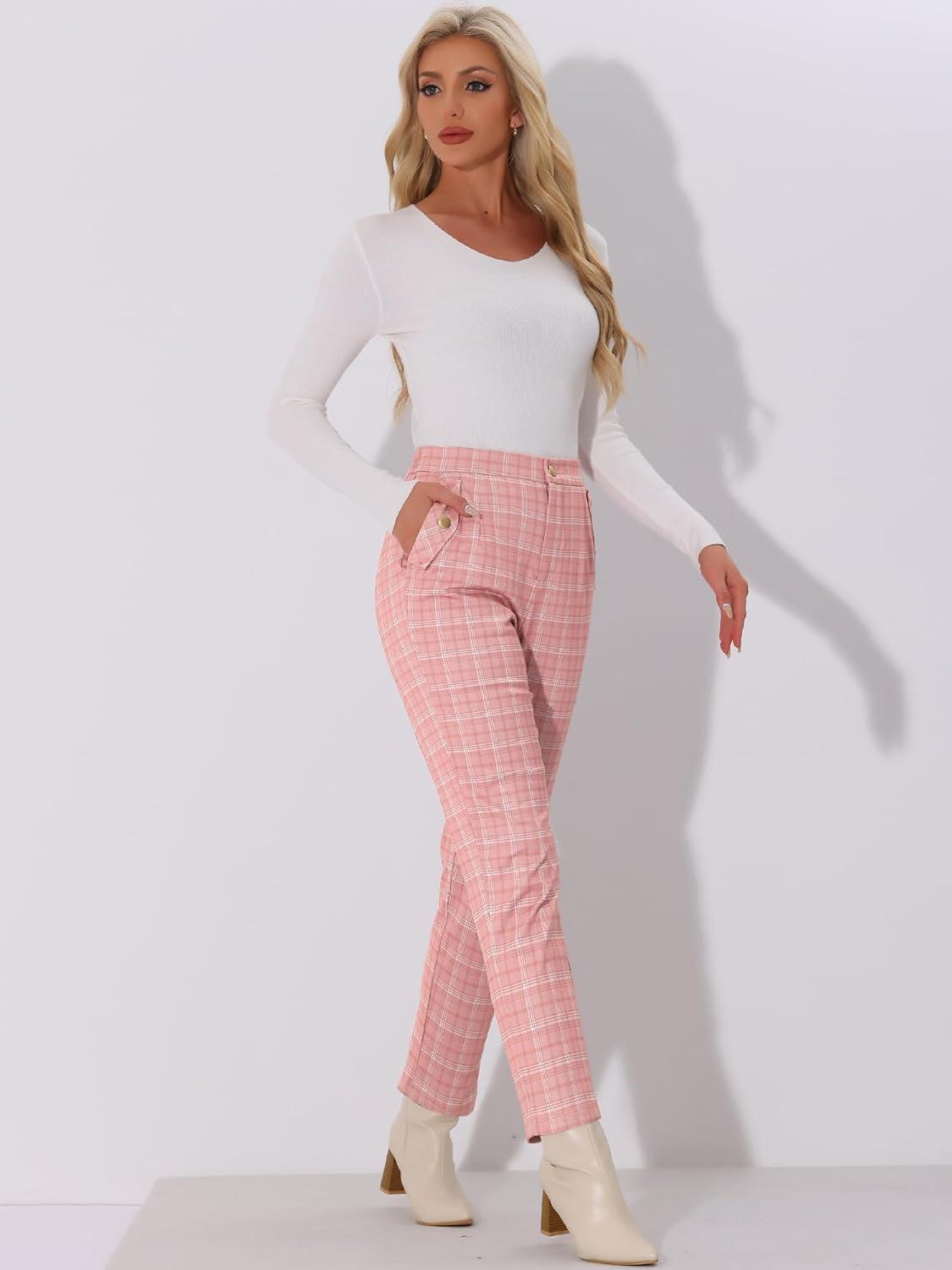 imageAllegra K Womens Vintage Tartan Plaid Pants Elastic Waist Straight Long TrousersPink