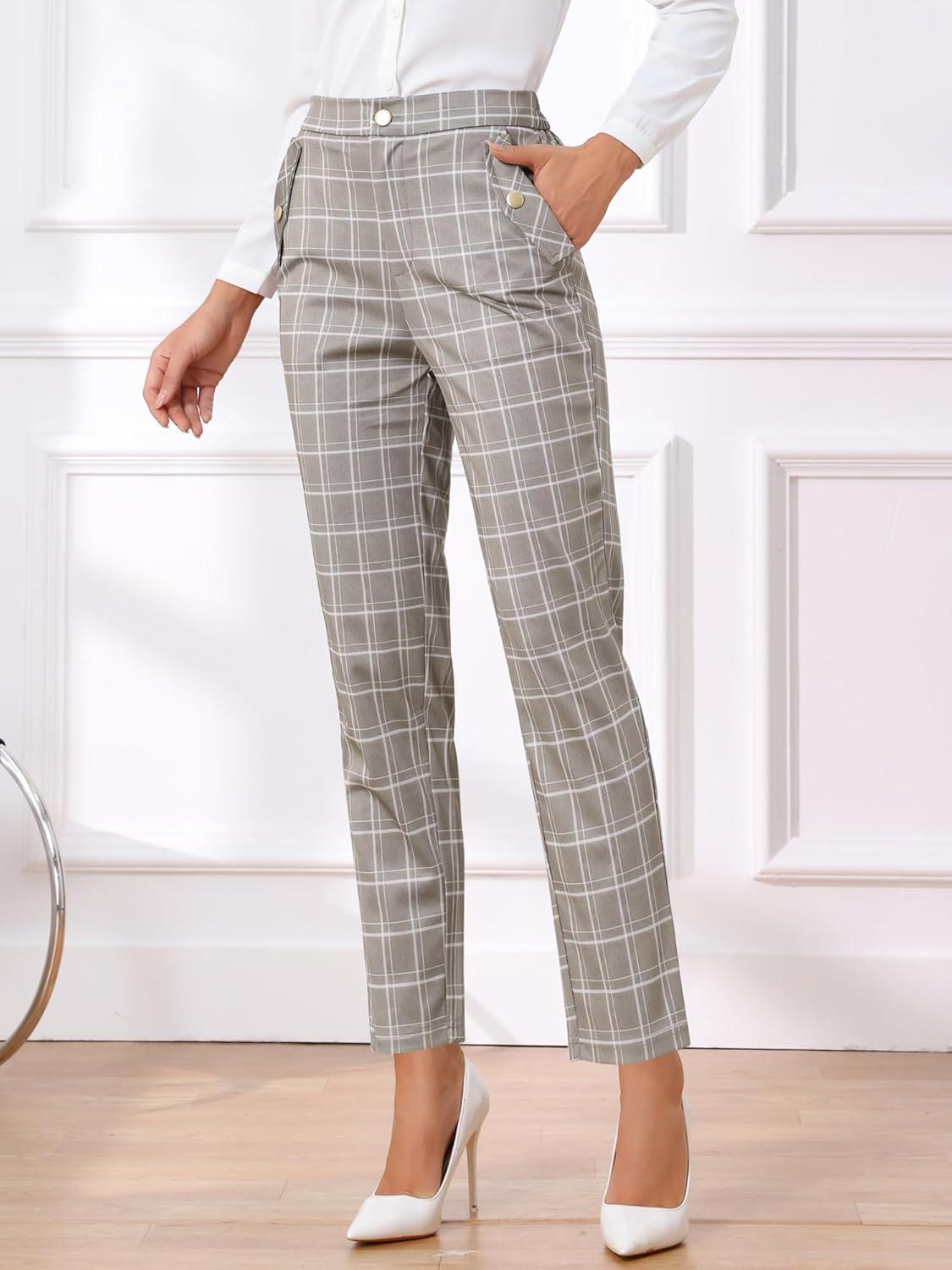 imageAllegra K Womens Vintage Tartan Plaid Pants Elastic Waist Straight Long TrousersTan