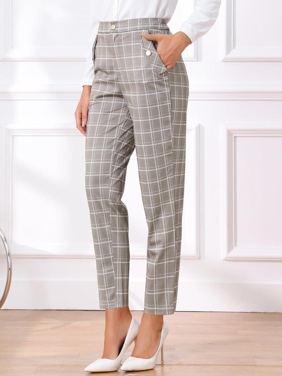 imageAllegra K Womens Vintage Tartan Plaid Pants Elastic Waist Straight Long TrousersTan