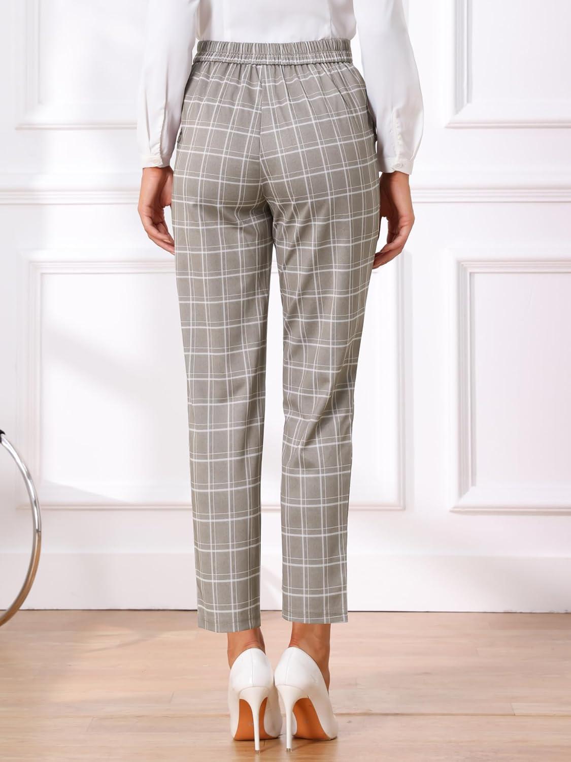 imageAllegra K Womens Vintage Tartan Plaid Pants Elastic Waist Straight Long TrousersTan