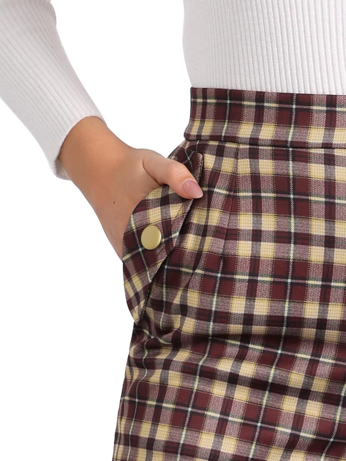 imageAllegra K Womens Vintage Tartan Plaid Pants Elastic Waist Straight Long TrousersWine Red Yellow