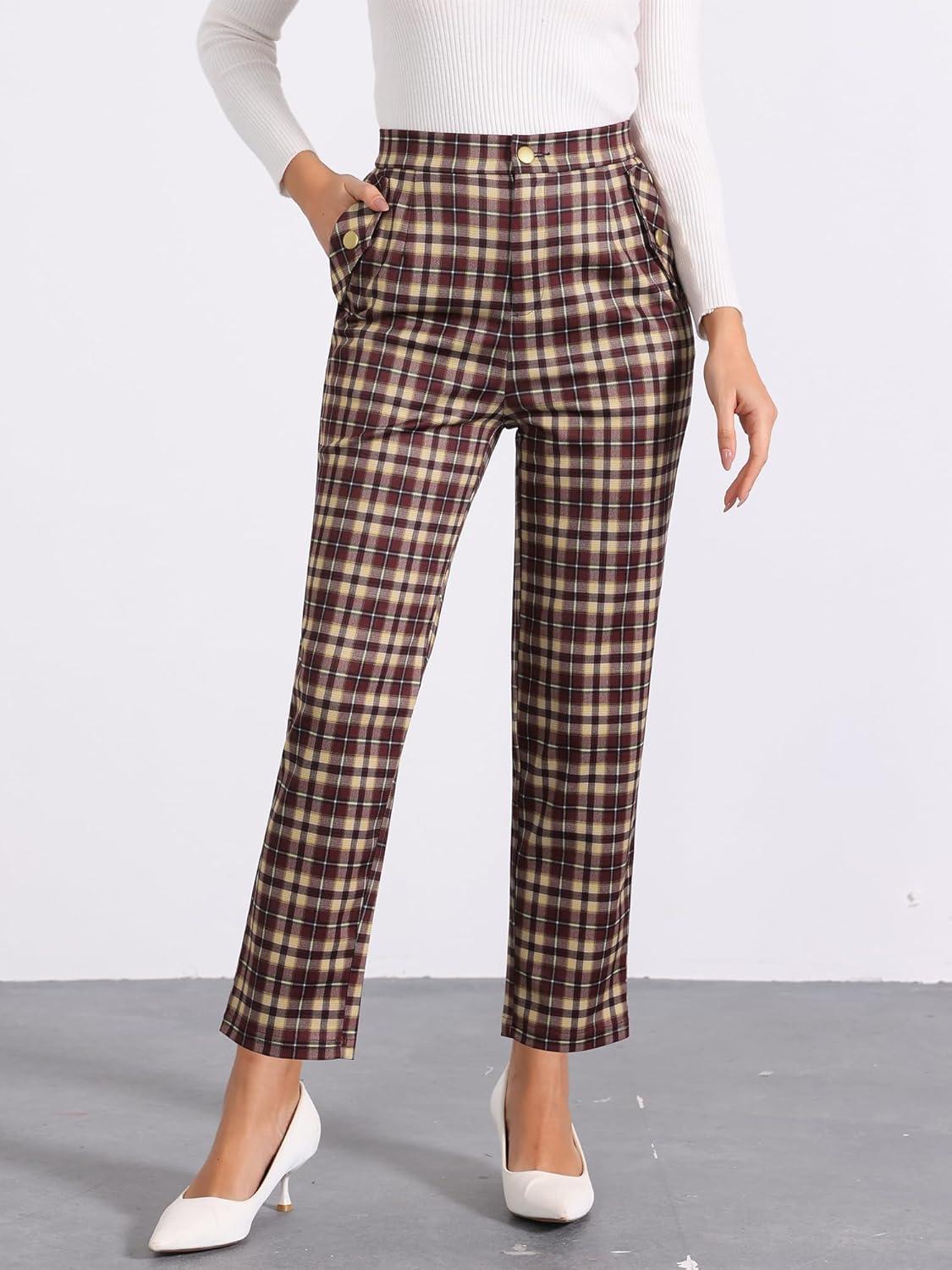imageAllegra K Womens Vintage Tartan Plaid Pants Elastic Waist Straight Long TrousersWine Red Yellow