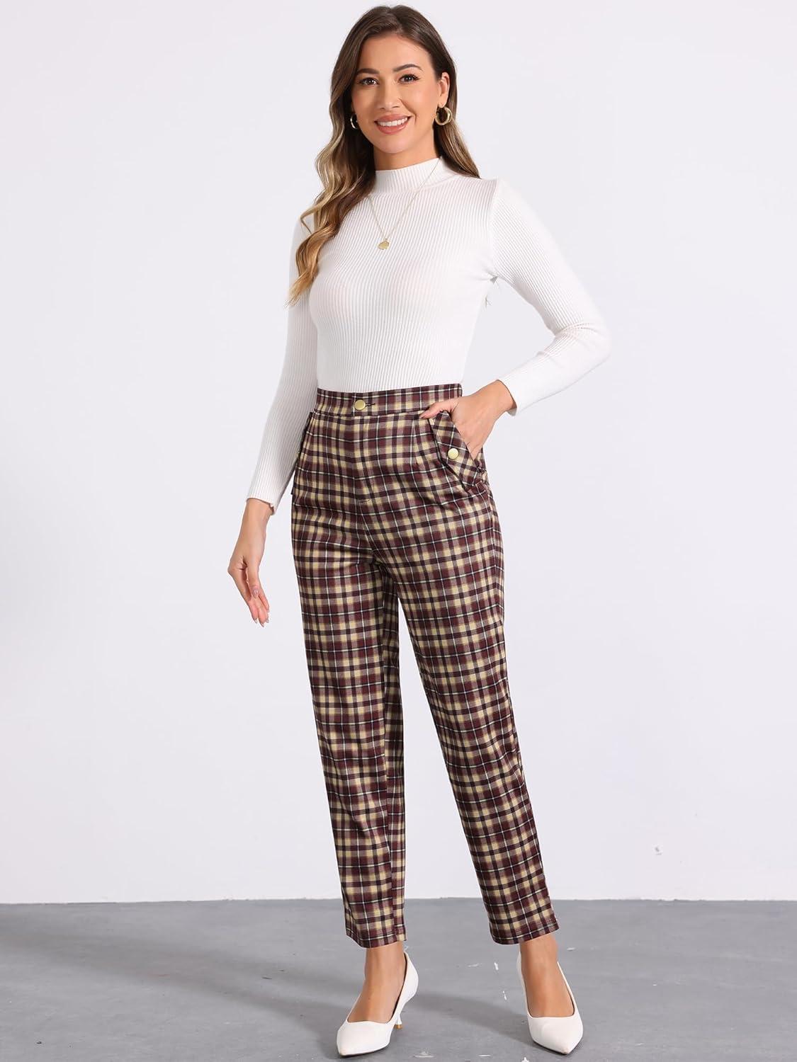 imageAllegra K Womens Vintage Tartan Plaid Pants Elastic Waist Straight Long TrousersWine Red Yellow