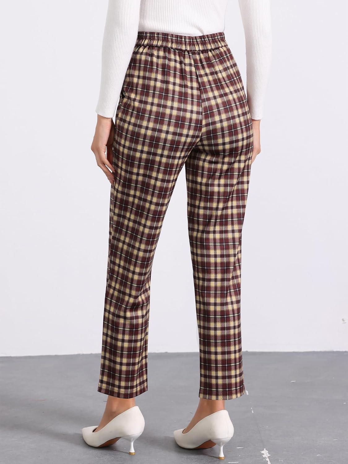 imageAllegra K Womens Vintage Tartan Plaid Pants Elastic Waist Straight Long TrousersWine Red Yellow