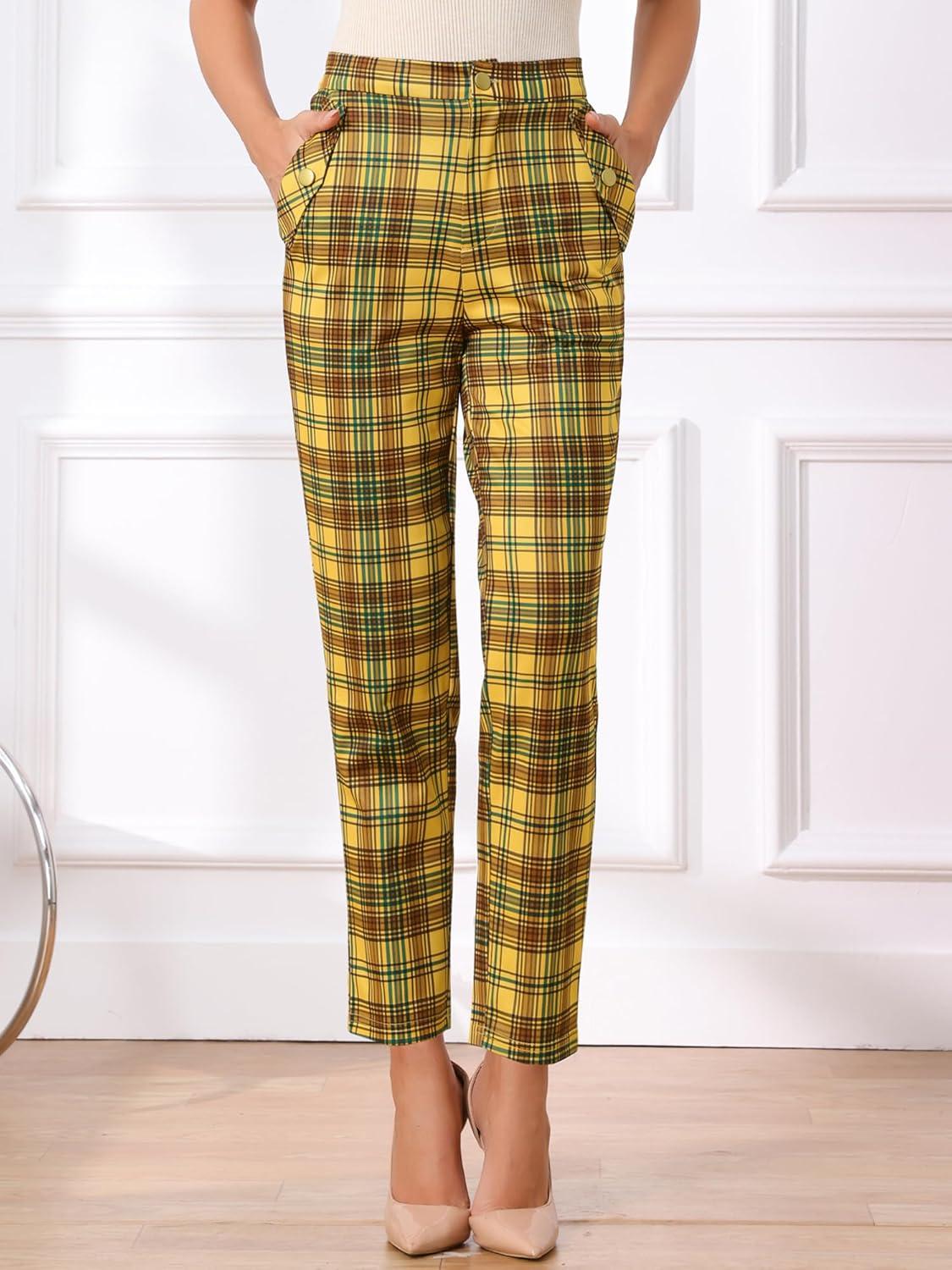 imageAllegra K Womens Vintage Tartan Plaid Pants Elastic Waist Straight Long TrousersYellow