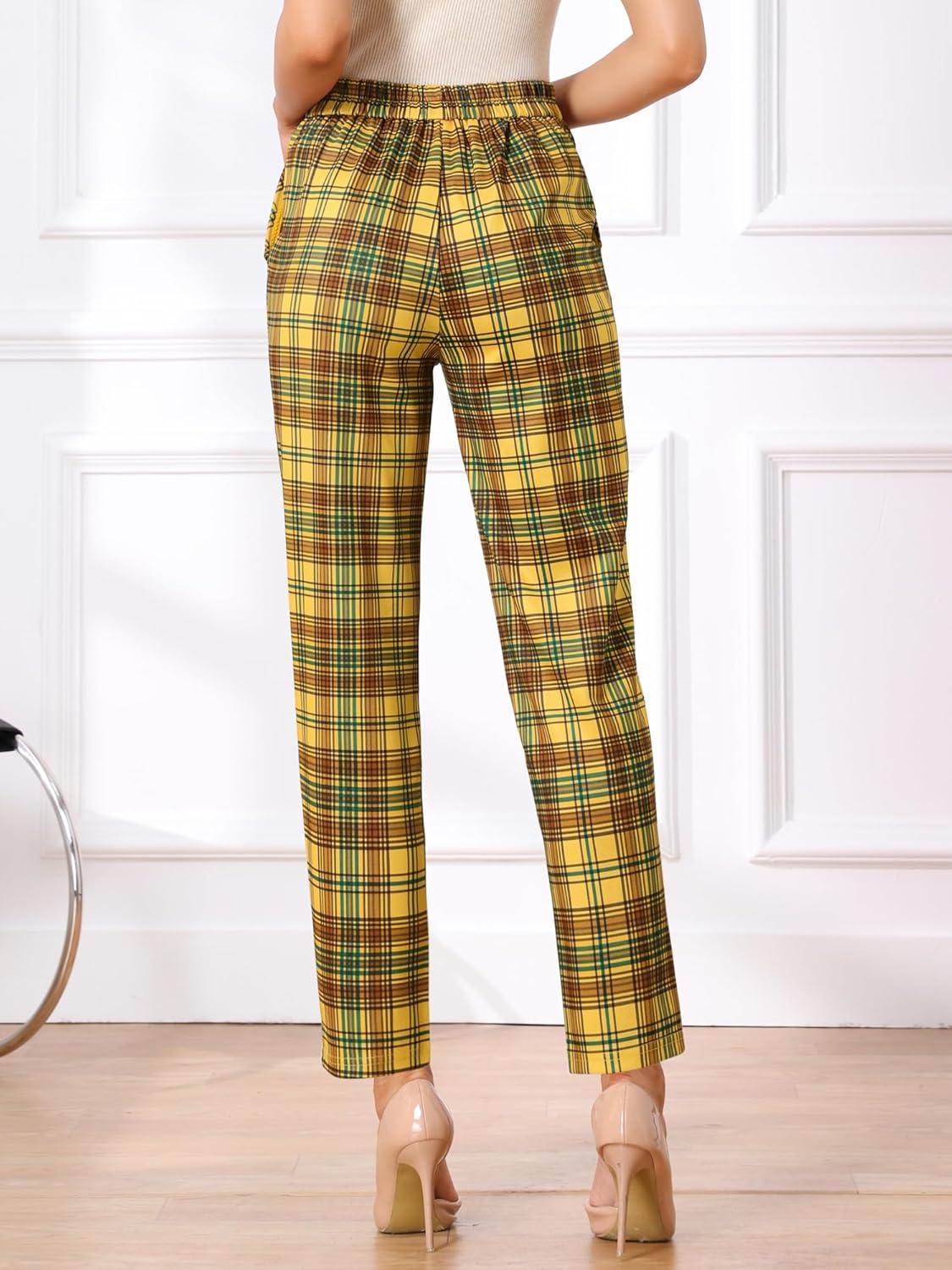 imageAllegra K Womens Vintage Tartan Plaid Pants Elastic Waist Straight Long TrousersYellow