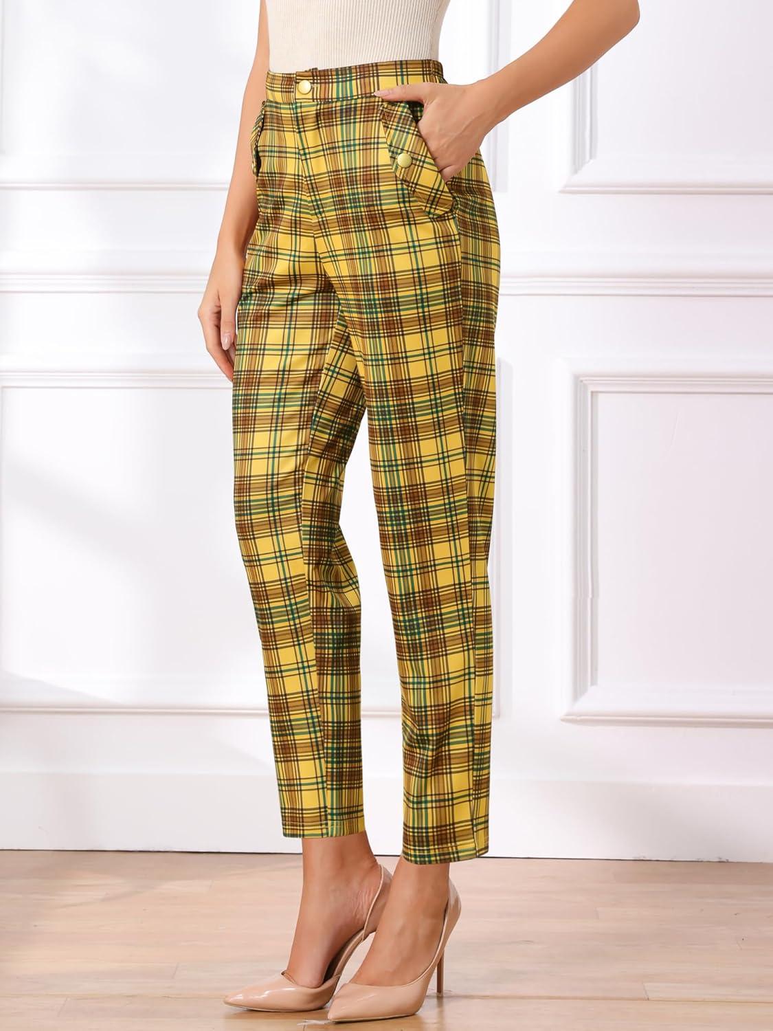imageAllegra K Womens Vintage Tartan Plaid Pants Elastic Waist Straight Long TrousersYellow