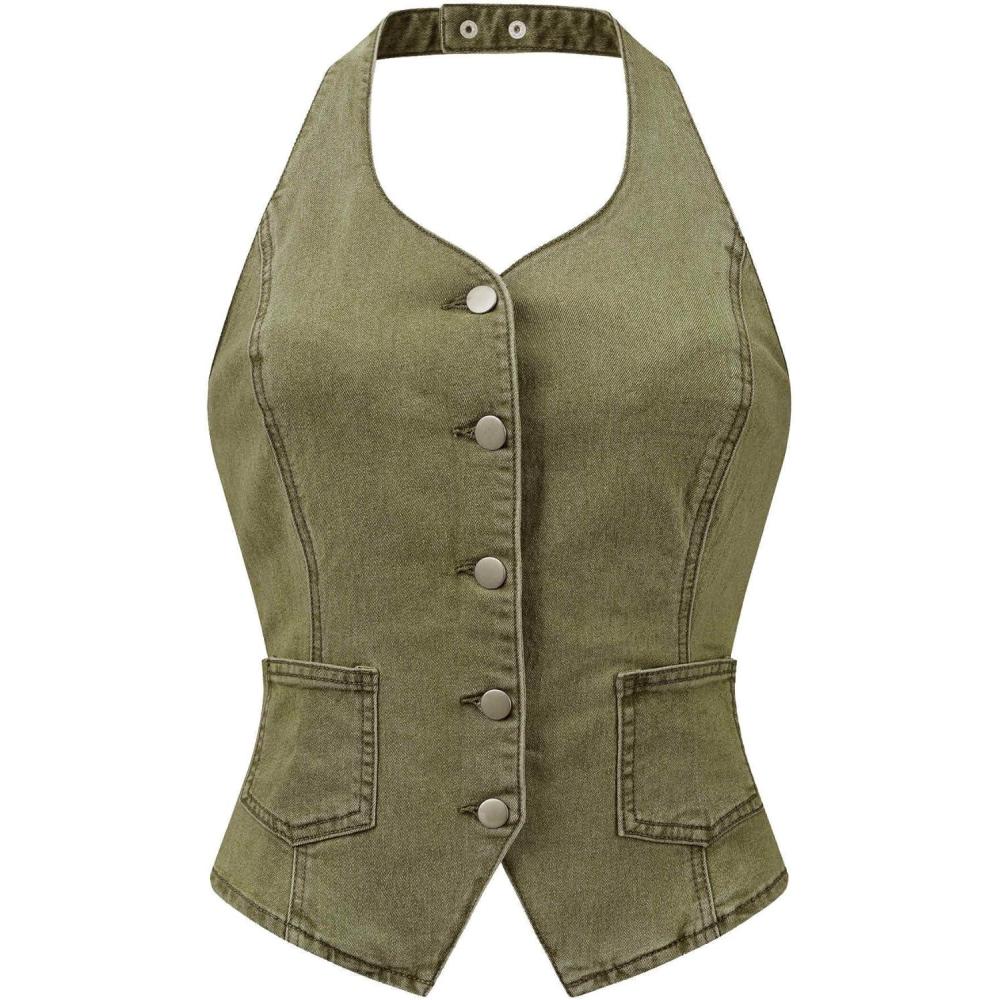 imageAllegra K Denim Vest for Womens Halter Neck Button Down Backless Jean WaistcoatArmy Green