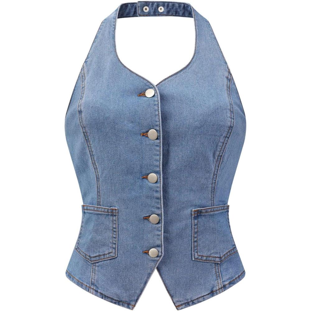 imageAllegra K Denim Vest for Womens Halter Neck Button Down Backless Jean WaistcoatBlue