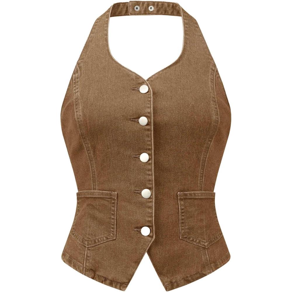 imageAllegra K Denim Vest for Womens Halter Neck Button Down Backless Jean WaistcoatBrown