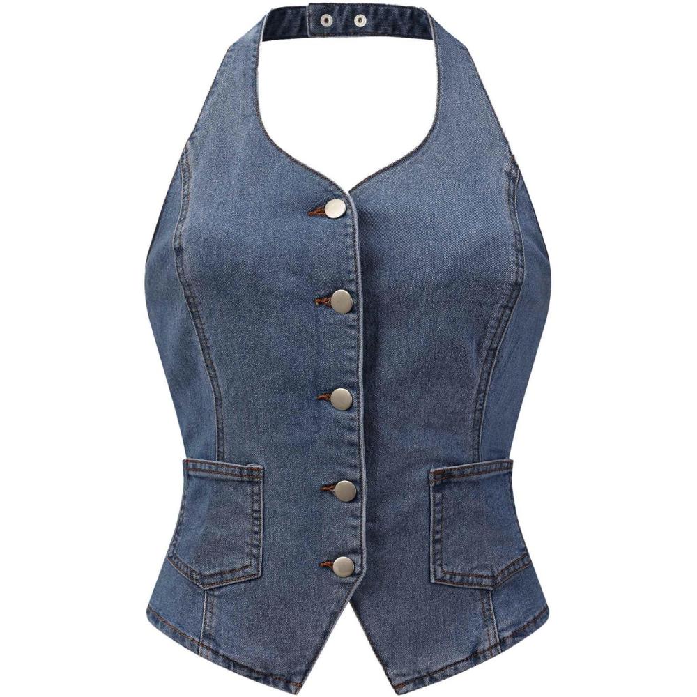 imageAllegra K Denim Vest for Womens Halter Neck Button Down Backless Jean WaistcoatGray Blue