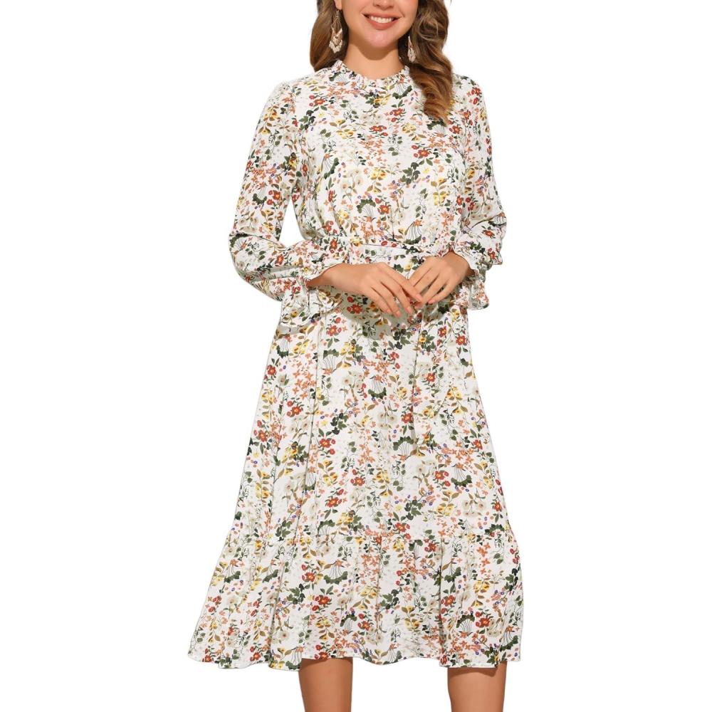 imageAllegra K Fall Casual Floral Dress for Women 2025 Long Sleeve Crew Neck Chiffon Midi Tea Party Ruffle DressesWhite