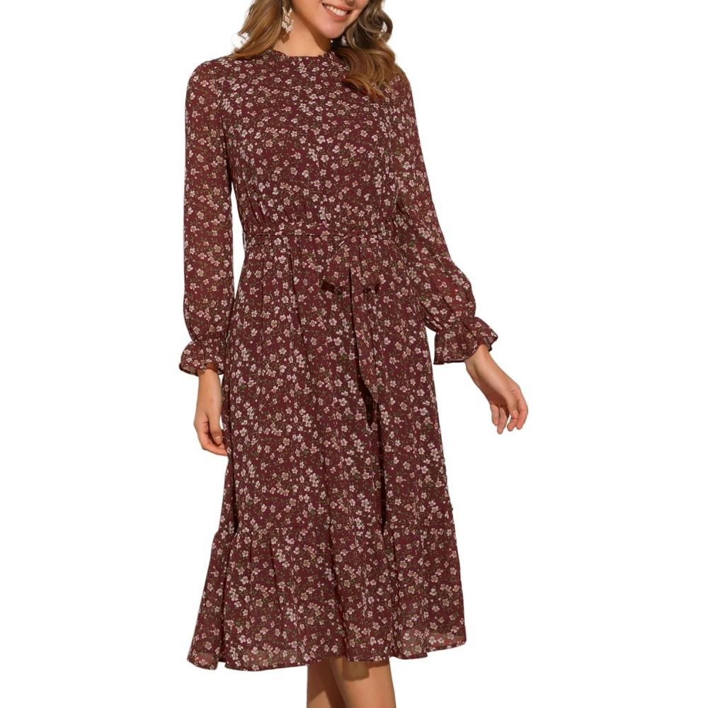 imageAllegra K Fall Casual Floral Dress for Women 2025 Long Sleeve Crew Neck Chiffon Midi Tea Party Ruffle DressesWine Red