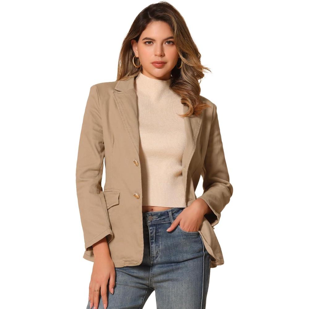 imageAllegra K Notched Lapel Blazer for Womens Denim Single Breasted Shoulder Pad Business Casual JacketsKhaki
