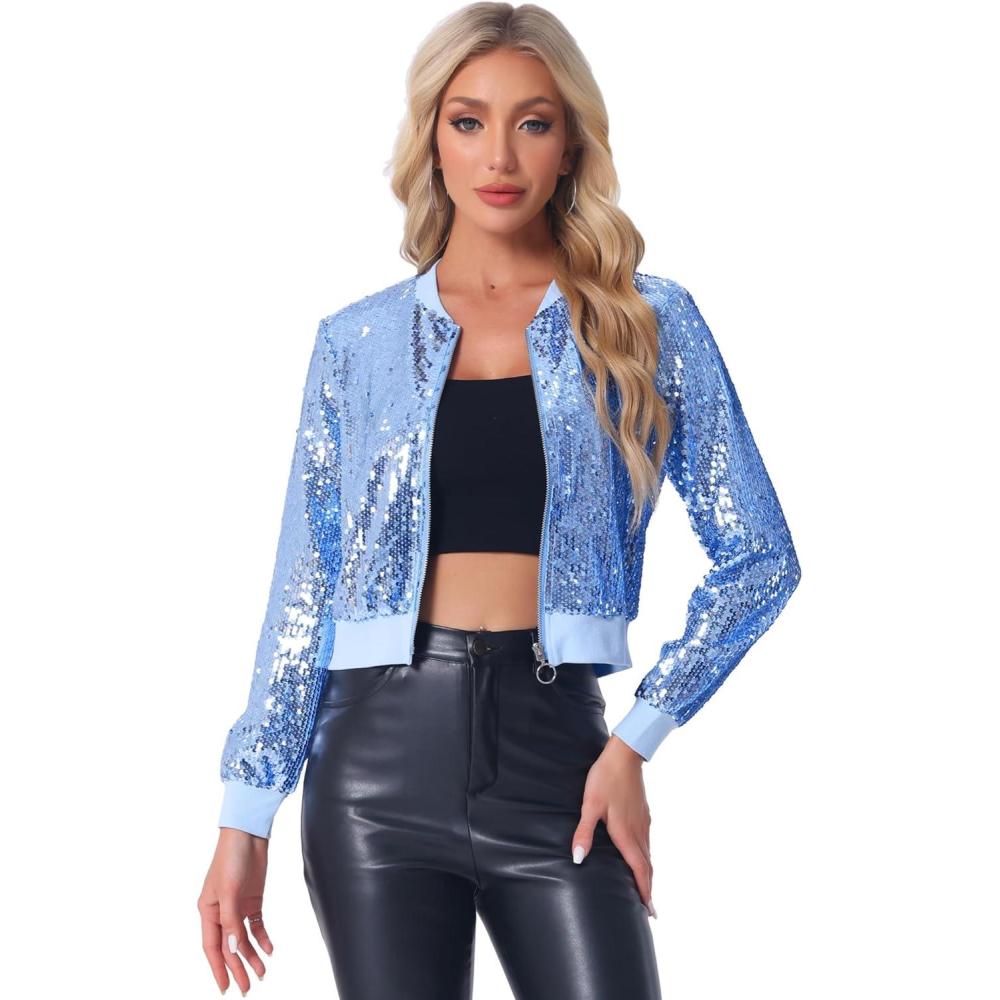 imageAllegra K Women Sequin Bomber Jackets Halloween Sparkly Long Sleeve Zip Front Shiny Cropped Jacket Glitter Party Disco OutfitSky Blue