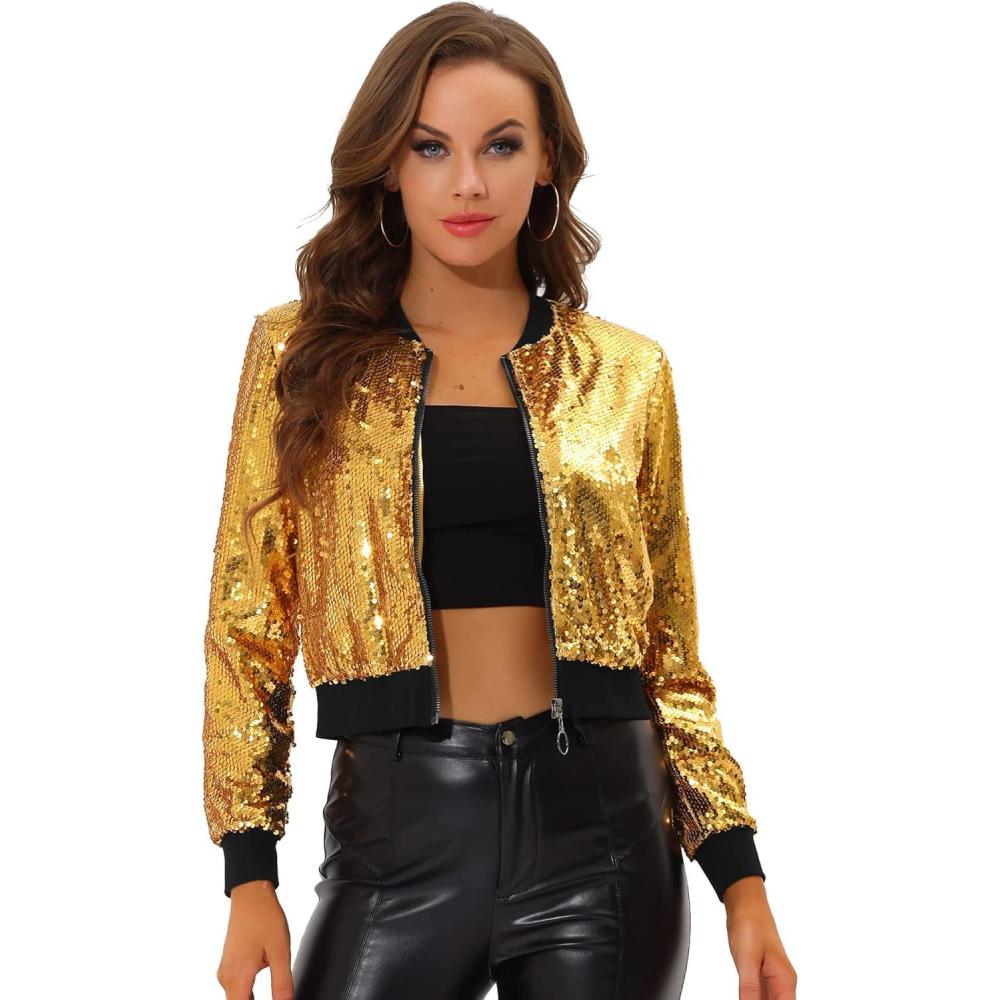 imageAllegra K Women Sequin Bomber Jackets Halloween Sparkly Long Sleeve Zip Front Shiny Cropped Jacket Glitter Party Disco OutfitYellow