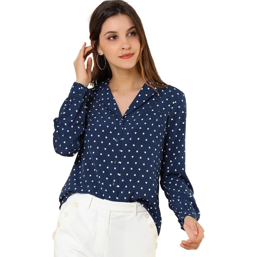 imageAllegra K Womens 1950s Vintage Long Sleeve Printed Button Down TopsDark Blue Heart