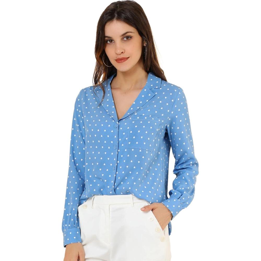 imageAllegra K Womens 1950s Vintage Long Sleeve Printed Button Down TopsLight Blue Heart