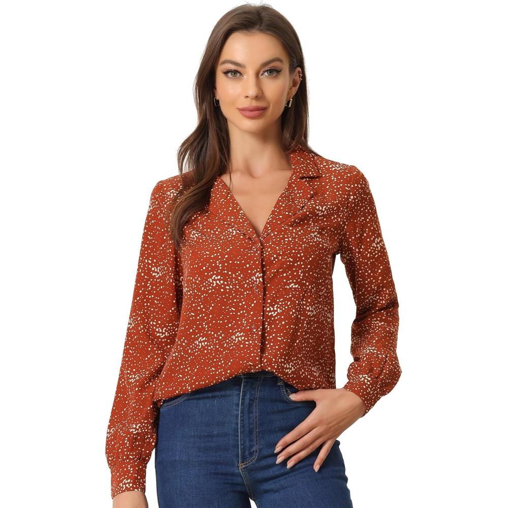 imageAllegra K Womens 1950s Vintage Long Sleeve Printed Button Down TopsRed Dot