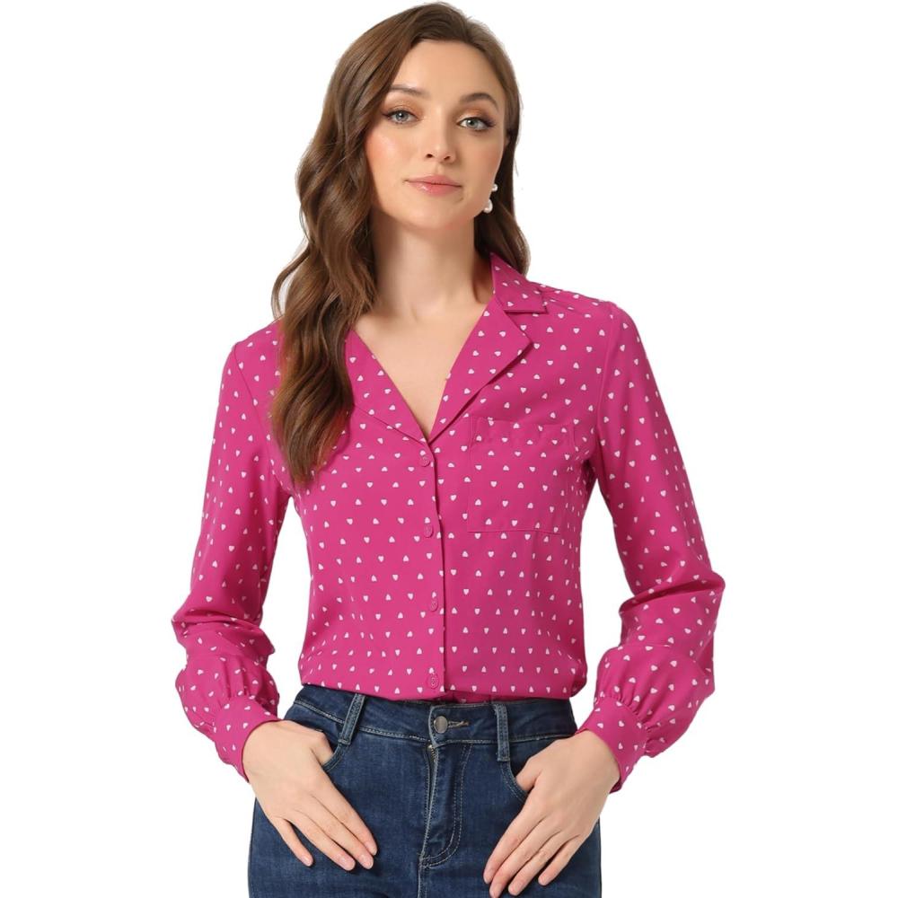 imageAllegra K Womens 1950s Vintage Long Sleeve Printed Button Down TopsRose Red Heart
