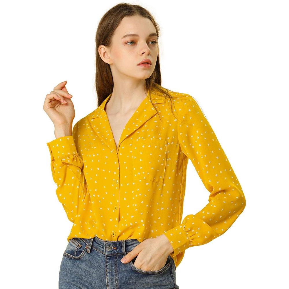 imageAllegra K Womens 1950s Vintage Long Sleeve Printed Button Down TopsYellow Heart