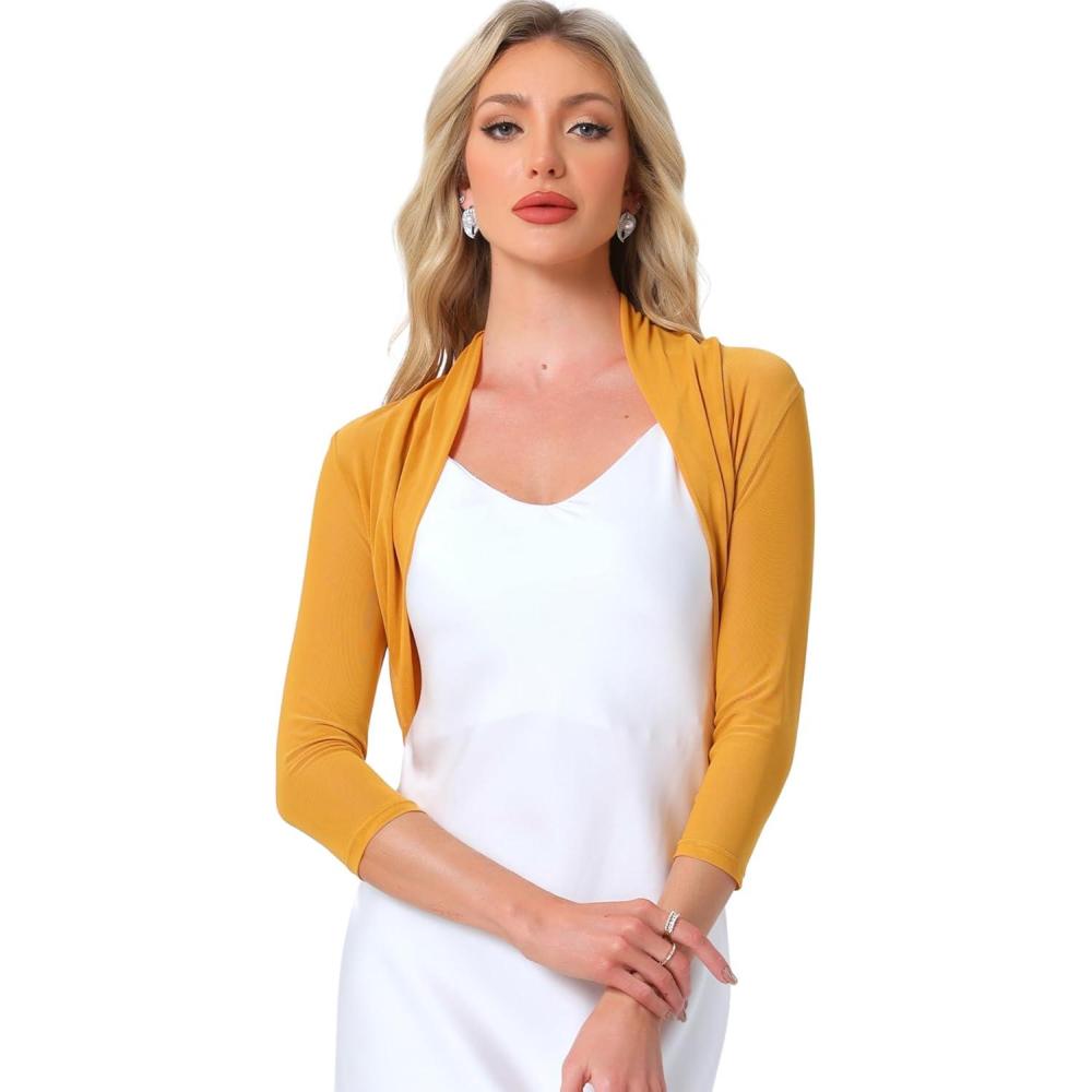 imageAllegra K Womens 34 Sleeve Sheer Mesh Shrug Open Front Cropped Bolero CardiganGinger