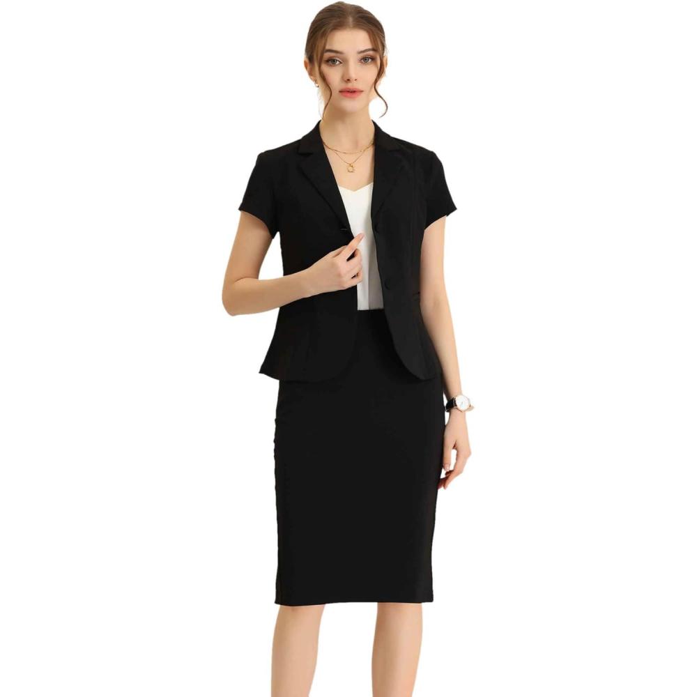 imageAllegra K Womens Business Skirt Suit Set Work Office Short Sleeve Blazer Jacket Pencil SkirtBlack