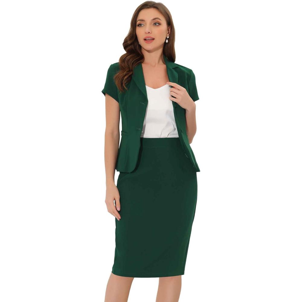 imageAllegra K Womens Business Skirt Suit Set Work Office Short Sleeve Blazer Jacket Pencil SkirtDark Green