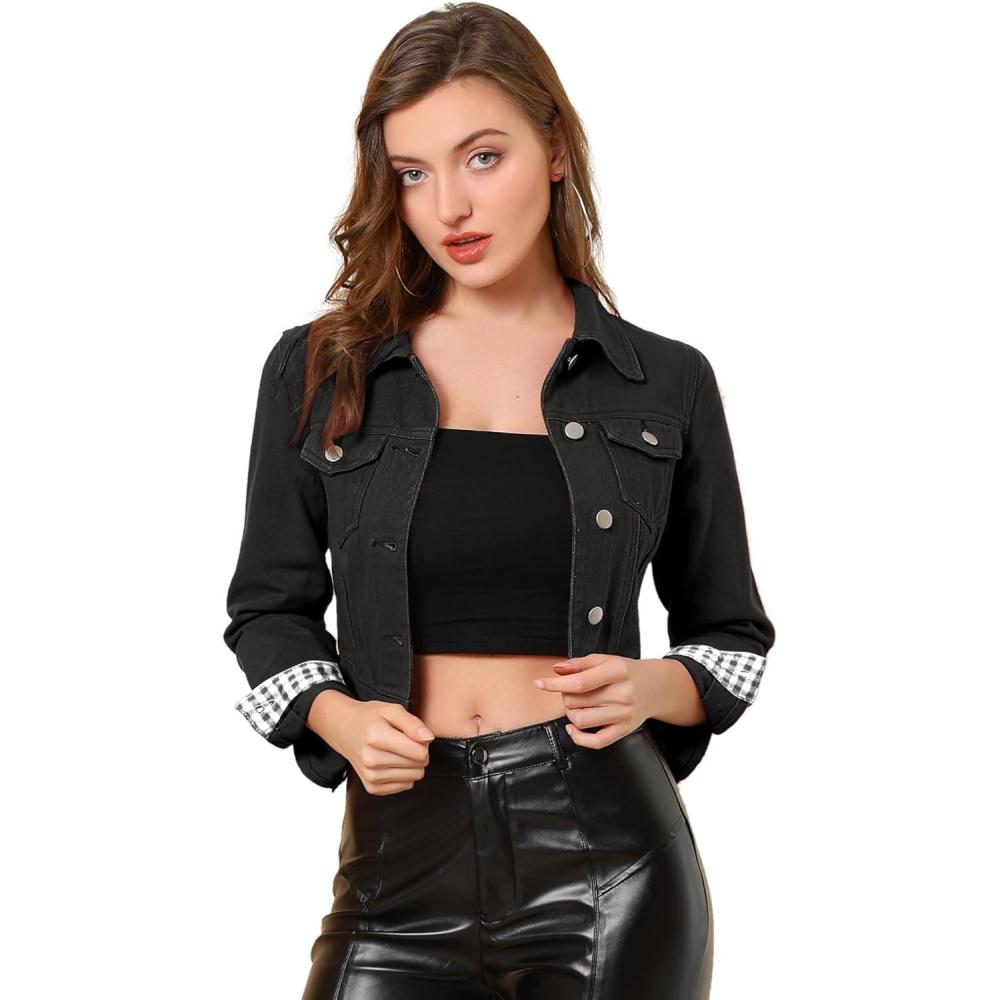 imageAllegra K Womens Button Down Denim Jacket Check Cuffs Casual Cropped Jean JacketsBlack