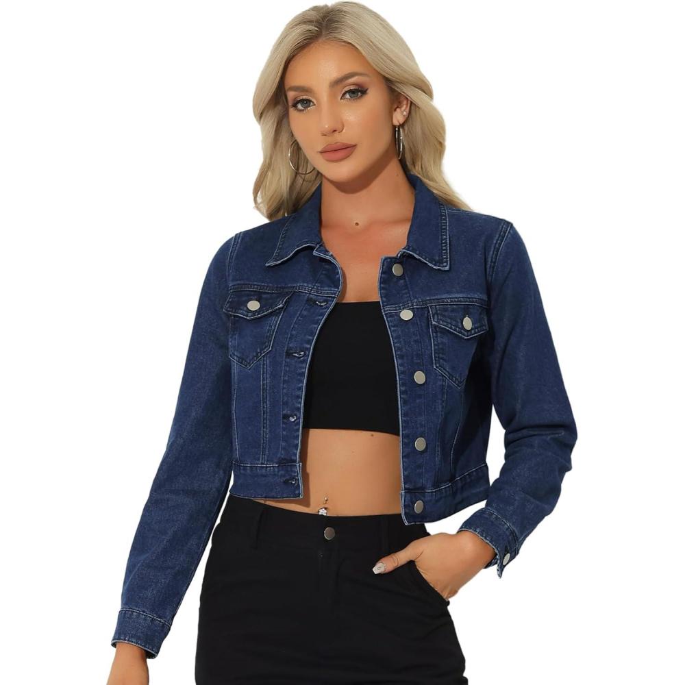 imageAllegra K Womens Button Down Denim Jacket Check Cuffs Casual Cropped Jean JacketsDenim Blue