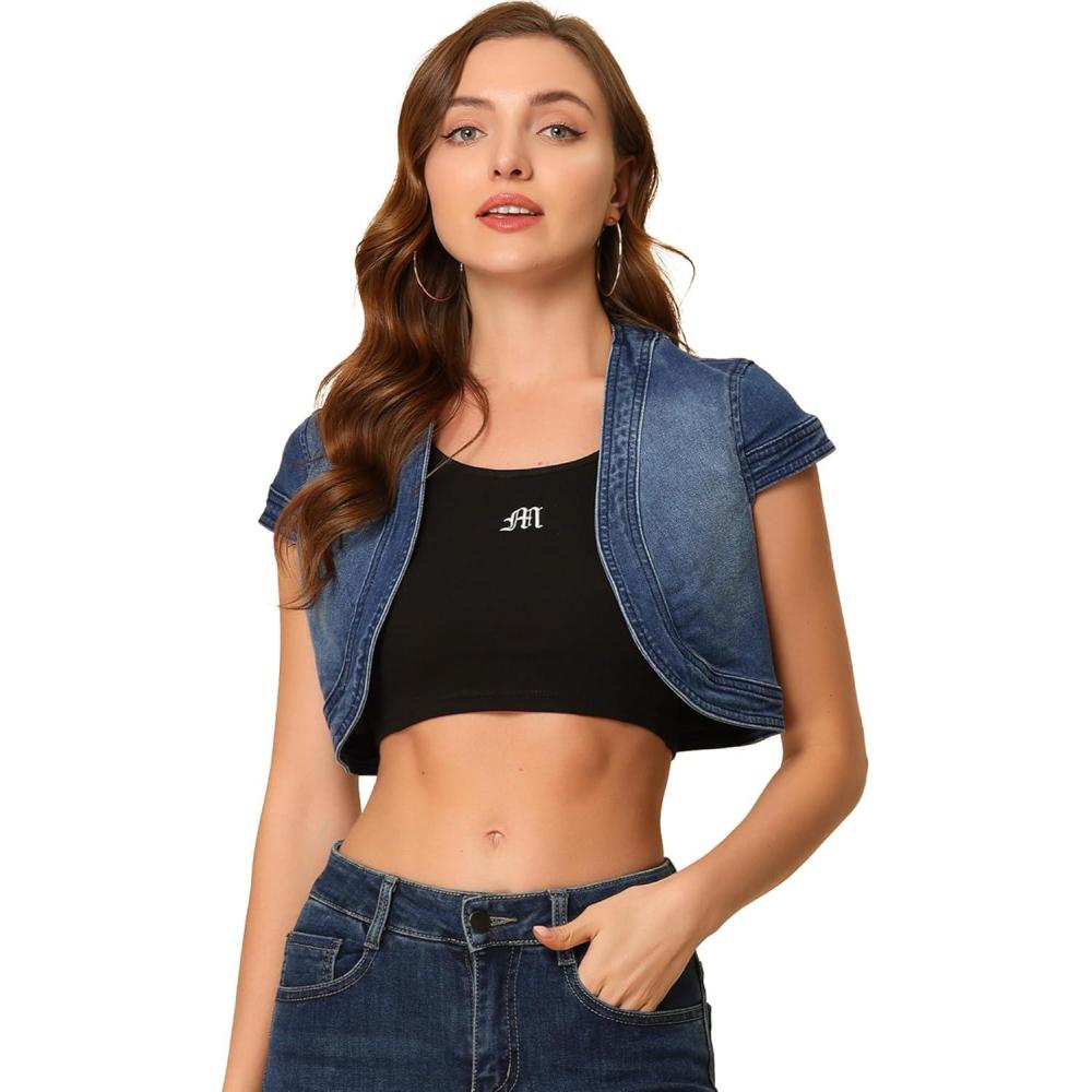 imageAllegra K Womens Denim Jacket Crop Casual Denim Cardigan Cap Sleeve Summer Outfits Jean Jacket ShrugBlue