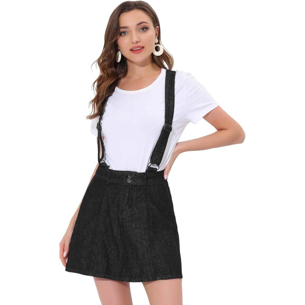 imageAllegra K Womens Denim Skirt Overall Adjustable Strap Braces Mini Suspender Washed Jean SkirtsBlack