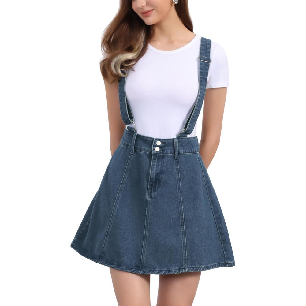 imageAllegra K Womens Denim Skirt Overall Adjustable Strap Braces Mini Suspender Washed Jean SkirtsVintage Blue
