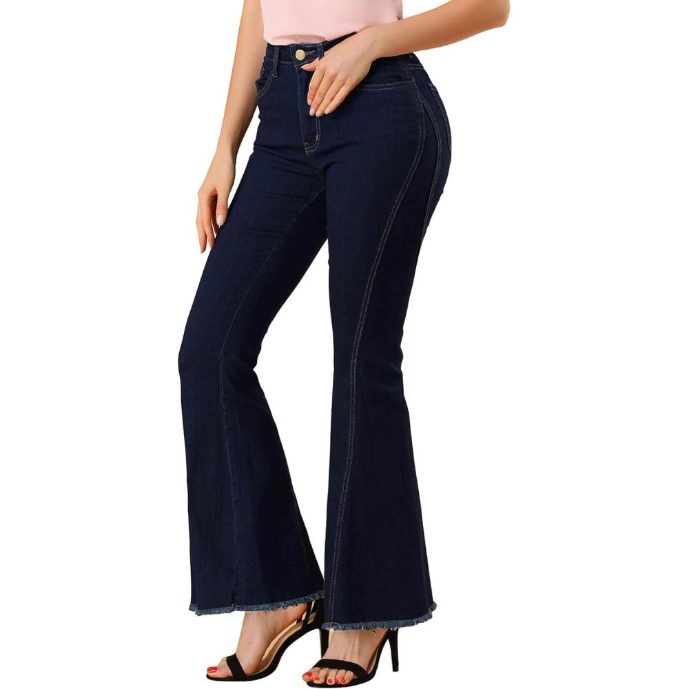 imageAllegra K Womens Flare Jeans 70s Vintage High Waist Stretch Denim Bell Bottom JeansBlackblue