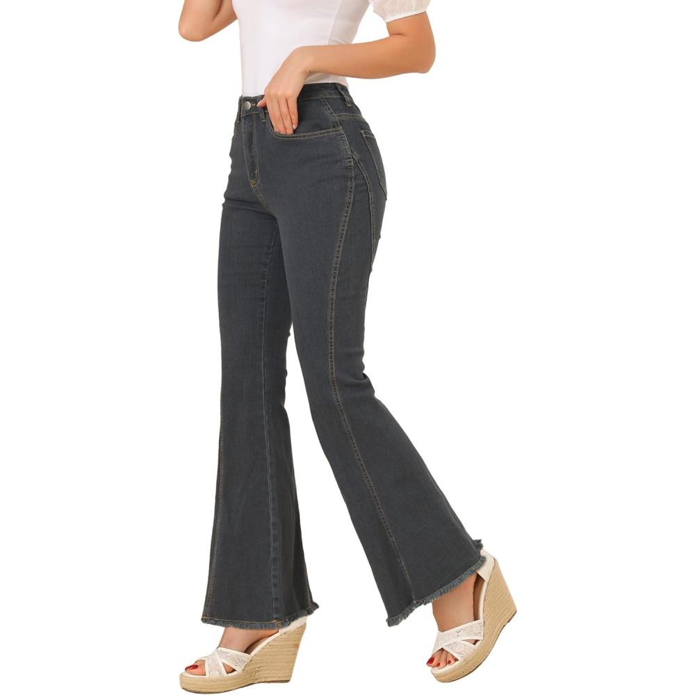 imageAllegra K Womens Flare Jeans 70s Vintage High Waist Stretch Denim Bell Bottom JeansBlackgrey