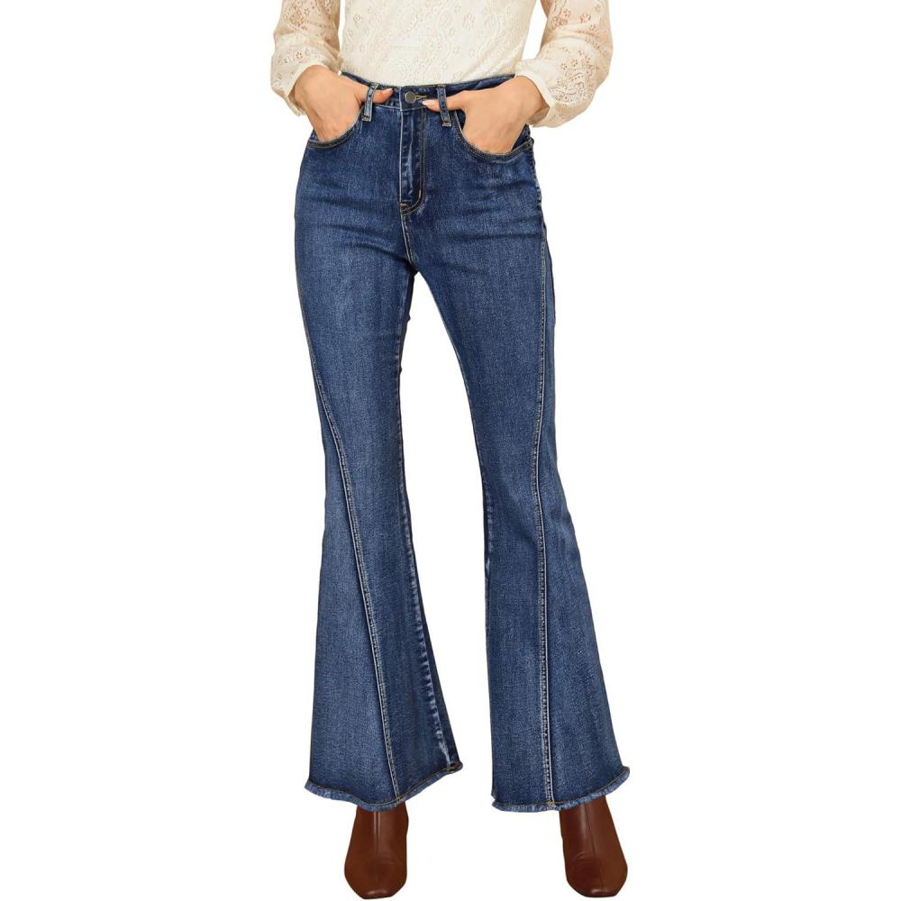 imageAllegra K Womens Flare Jeans 70s Vintage High Waist Stretch Denim Bell Bottom JeansBlue