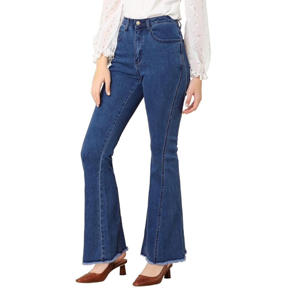 imageAllegra K Womens Flare Jeans 70s Vintage High Waist Stretch Denim Bell Bottom JeansDark Blue