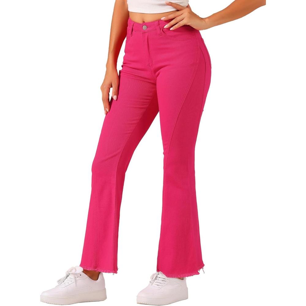 imageAllegra K Womens Flare Jeans 70s Vintage High Waist Stretch Denim Bell Bottom JeansHot Pink