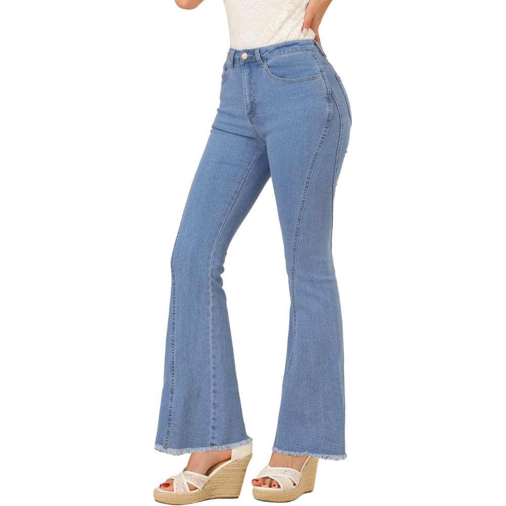 imageAllegra K Womens Flare Jeans 70s Vintage High Waist Stretch Denim Bell Bottom JeansLight Blue