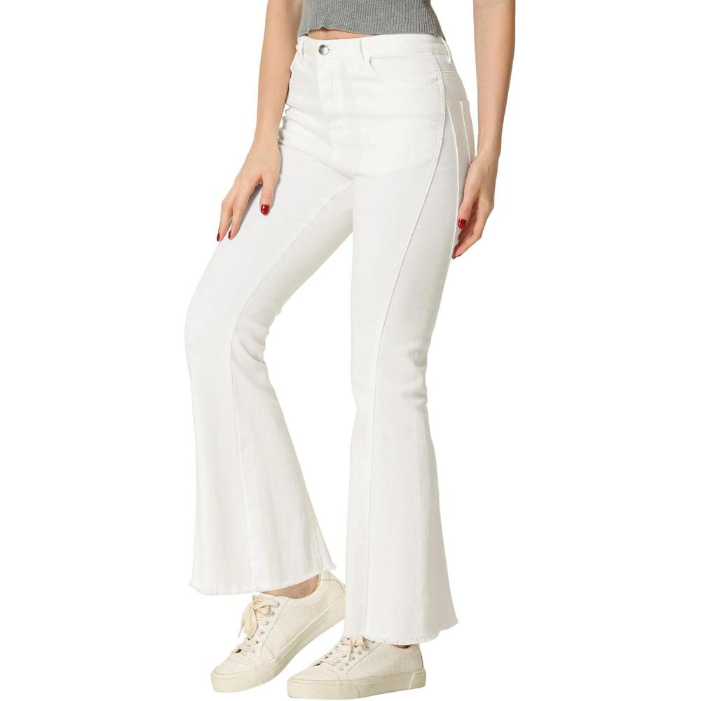 imageAllegra K Womens Flare Jeans 70s Vintage High Waist Stretch Denim Bell Bottom JeansWhite