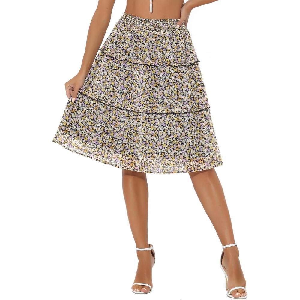 imageAllegra K Womens Floral Skirts Summer Chiffon Smocked Elastic Waist ALine Below Knee Length Ruffle Tiered SkirtBlack