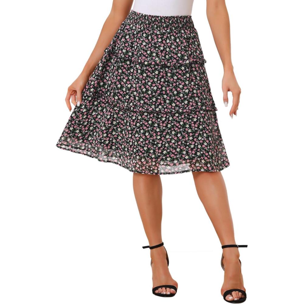 imageAllegra K Womens Floral Skirts Summer Chiffon Smocked Elastic Waist ALine Below Knee Length Ruffle Tiered SkirtBlack1