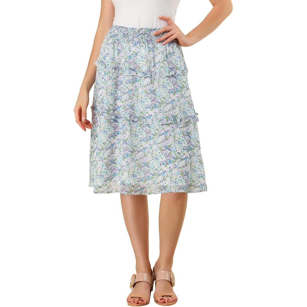 imageAllegra K Womens Floral Skirts Summer Chiffon Smocked Elastic Waist ALine Below Knee Length Ruffle Tiered SkirtBlue Purple