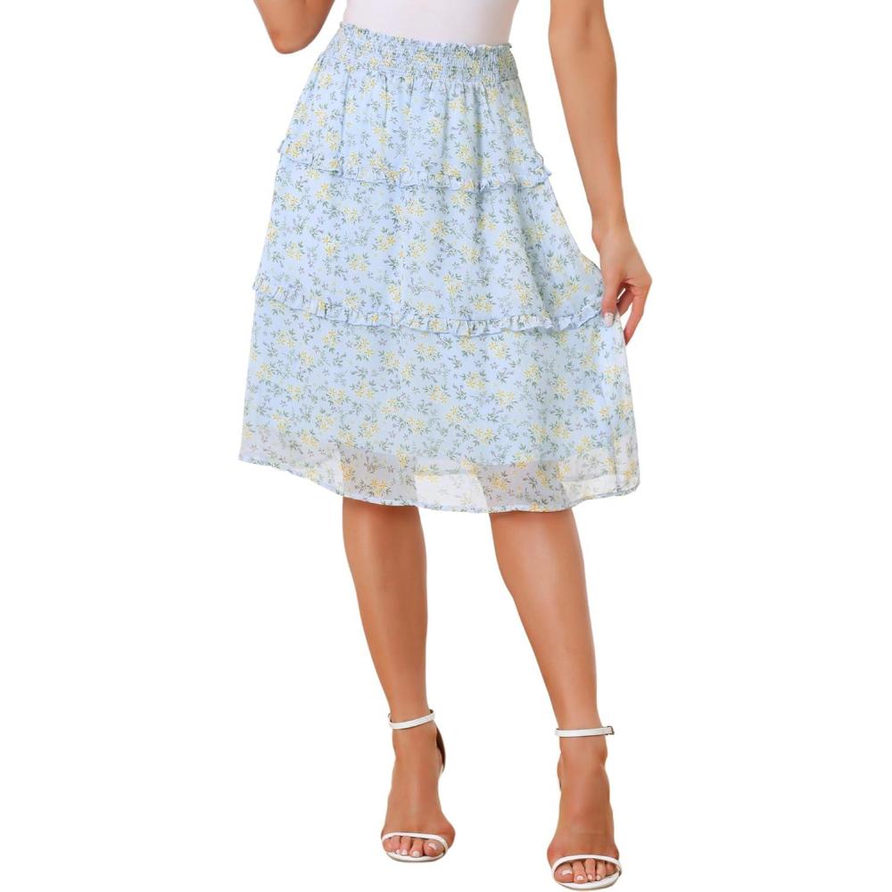 imageAllegra K Womens Floral Skirts Summer Chiffon Smocked Elastic Waist ALine Below Knee Length Ruffle Tiered SkirtLight Blue