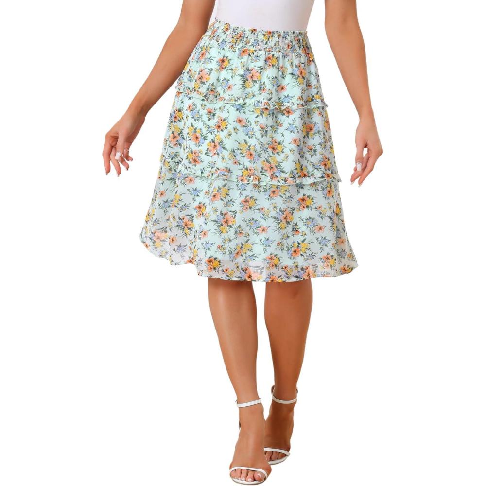 imageAllegra K Womens Floral Skirts Summer Chiffon Smocked Elastic Waist ALine Below Knee Length Ruffle Tiered SkirtLight Green