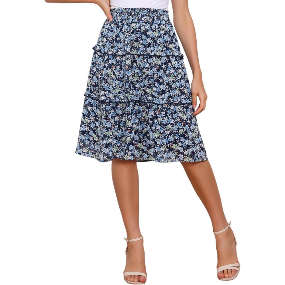 imageAllegra K Womens Floral Skirts Summer Chiffon Smocked Elastic Waist ALine Below Knee Length Ruffle Tiered SkirtNavy