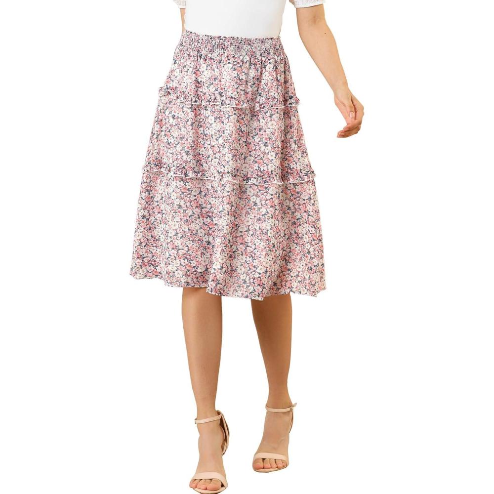 imageAllegra K Womens Floral Skirts Summer Chiffon Smocked Elastic Waist ALine Below Knee Length Ruffle Tiered SkirtPink