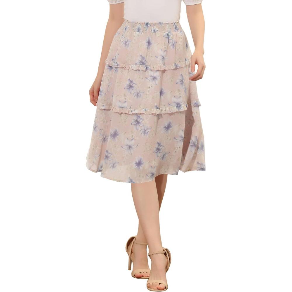imageAllegra K Womens Floral Skirts Summer Chiffon Smocked Elastic Waist ALine Below Knee Length Ruffle Tiered SkirtPink Blue